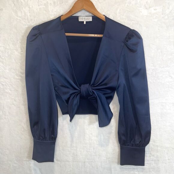 WAYF Pantsuit 2 Piece Satin Crop Tie Top Wide Leg Pants Navy Blue Large - Picture 2 of 14